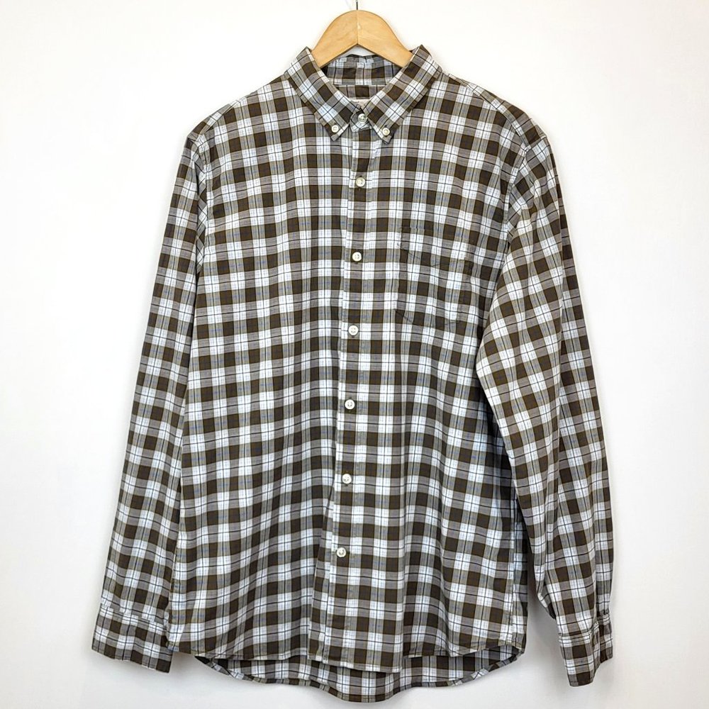 GAP Men's Brown Blue Plaid Long Sleeve Button Down Shirt, Size Large EUC
